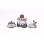 A FRENCH SILVER MOUNTED AND PORCELAIN TEA CADDY