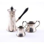 A SILVER THREE PIECE CIRCULAR TAPERING COFFEE SET