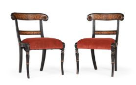 A PAIR OF REGENCY HOLLY AND OAK HONEYSUCKLE MARQUETRY SIDE CHAIRS, ATTRIBUTED TO GEORGE BULLOCK