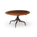 Y A GEORGE III FUSTIC MAHOGANY, SATINWOOD AND ROSEWOOD CROSSBANDED OVAL TABLE, CIRCA 1800