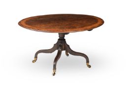 Y A GEORGE III FUSTIC MAHOGANY, SATINWOOD AND ROSEWOOD CROSSBANDED OVAL TABLE, CIRCA 1800