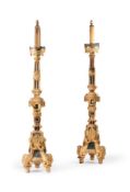 A PAIR OF ITALIAN GILTWOOD AND MIRROR PANEL INSET ALTAR CANDLESTICKS, LATE 18TH CENTURY