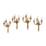 A SET OF FOUR LARGE ORMOLU THREE LIGHT WALL APPLIQUES, FRENCH, MID TO EARLY 19TH CENTURY