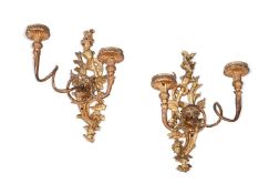 A PAIR OF CARVED GILTWOOD TWIN LIGHT WALL APPLIQUES, MID 18TH CENTURY