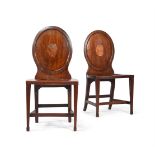 Y A PAIR OF GEORGE III MAHOGANY AND SATINWOOD INLAID HALL CHAIRS, CIRCA 1780