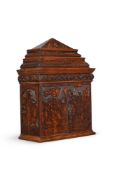 A NORTH ITALIAN CEDAR, POKERWORK AND PENWORK TABLE CABINET, ADIGE, 17TH CENTURY