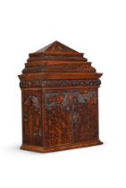 A NORTH ITALIAN CEDAR, POKERWORK AND PENWORK TABLE CABINET, ADIGE, 17TH CENTURY