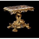 A SPECIMEN MARBLE TOPPED, CARVED GILTWOOD AND SILVERED CENTRE TABLE, MID 19TH CENTURY