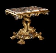 A SPECIMEN MARBLE TOPPED, CARVED GILTWOOD AND SILVERED CENTRE TABLE, MID 19TH CENTURY