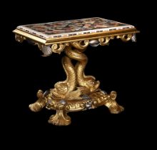 A SPECIMEN MARBLE TOPPED, CARVED GILTWOOD AND SILVERED CENTRE TABLE, MID 19TH CENTURY