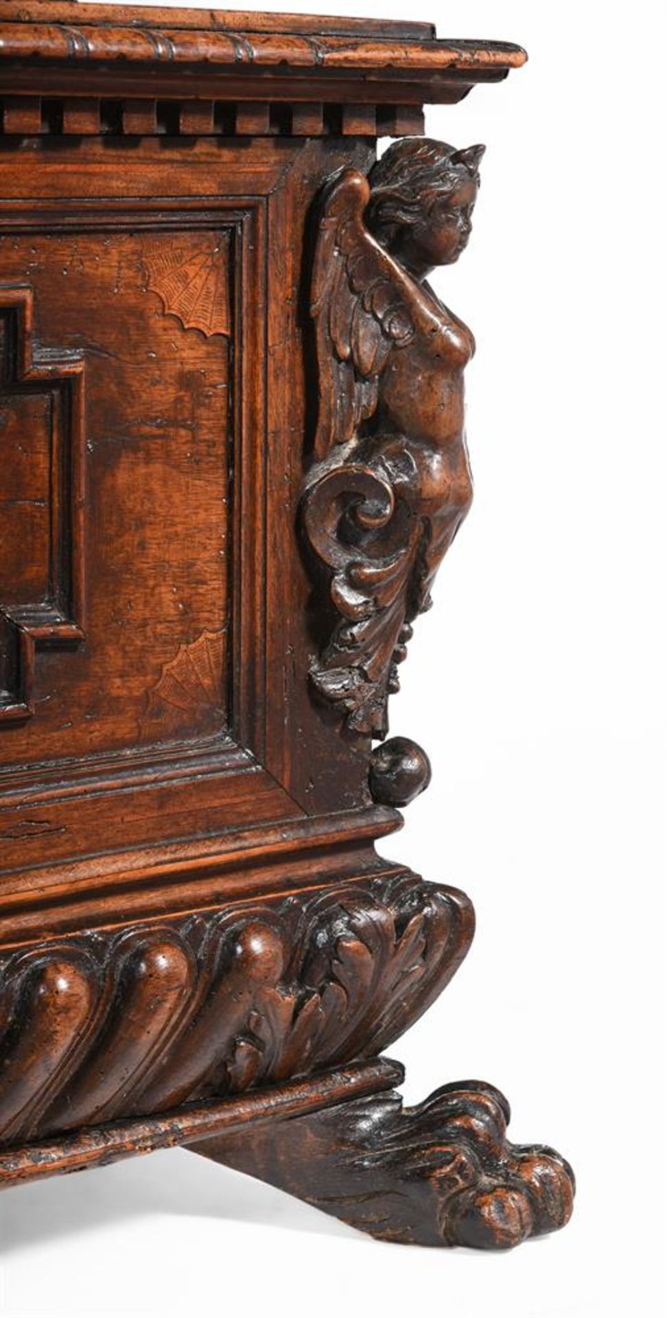 AN ITALIAN CARVED WALNUT AND INLAID CASSONE, EARLY 17TH CENTURY AND LATER ELEMENTS - Image 5 of 8