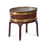 A GEORGE III MAHOGANY AND BRASS BOUND WINE COOLER ON STAND, CIRCA 1770