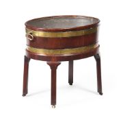 A GEORGE III MAHOGANY AND BRASS BOUND WINE COOLER ON STAND, CIRCA 1770