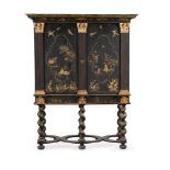 A DUTCH BLACK LACQUER AND GILT JAPANNED CABINET ON STAND, 18TH CENTURY