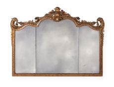 A CARVED GILTWOOD TRIPTYCH MIRROR, IN GEORGE I STYLE, 19TH CENTURY