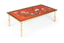 A CHINESE SCARLET LACQUER AND GILT DECORATED PANEL, 18TH OR 19TH CENTURY