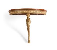 Y A GEORGE III KINGWOOD, SATINWOOD, SYCAMORE, MARQUETRY AND CARVED GILTWOOD CONSOLE TABLE