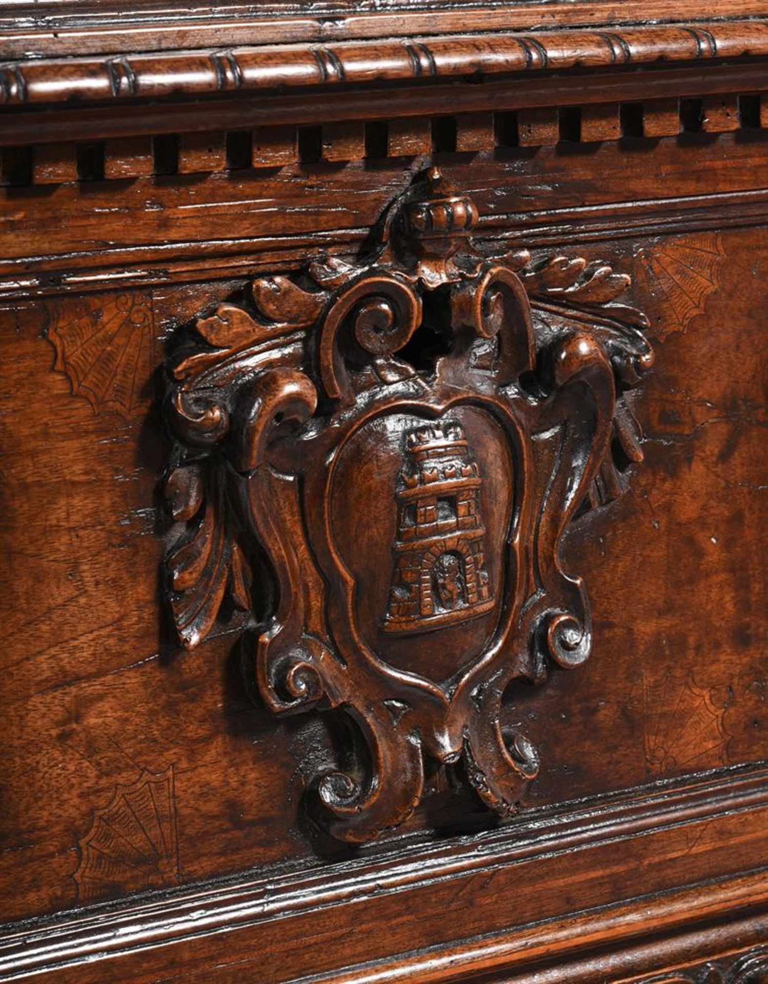 AN ITALIAN CARVED WALNUT AND INLAID CASSONE, EARLY 17TH CENTURY AND LATER ELEMENTS - Image 4 of 8