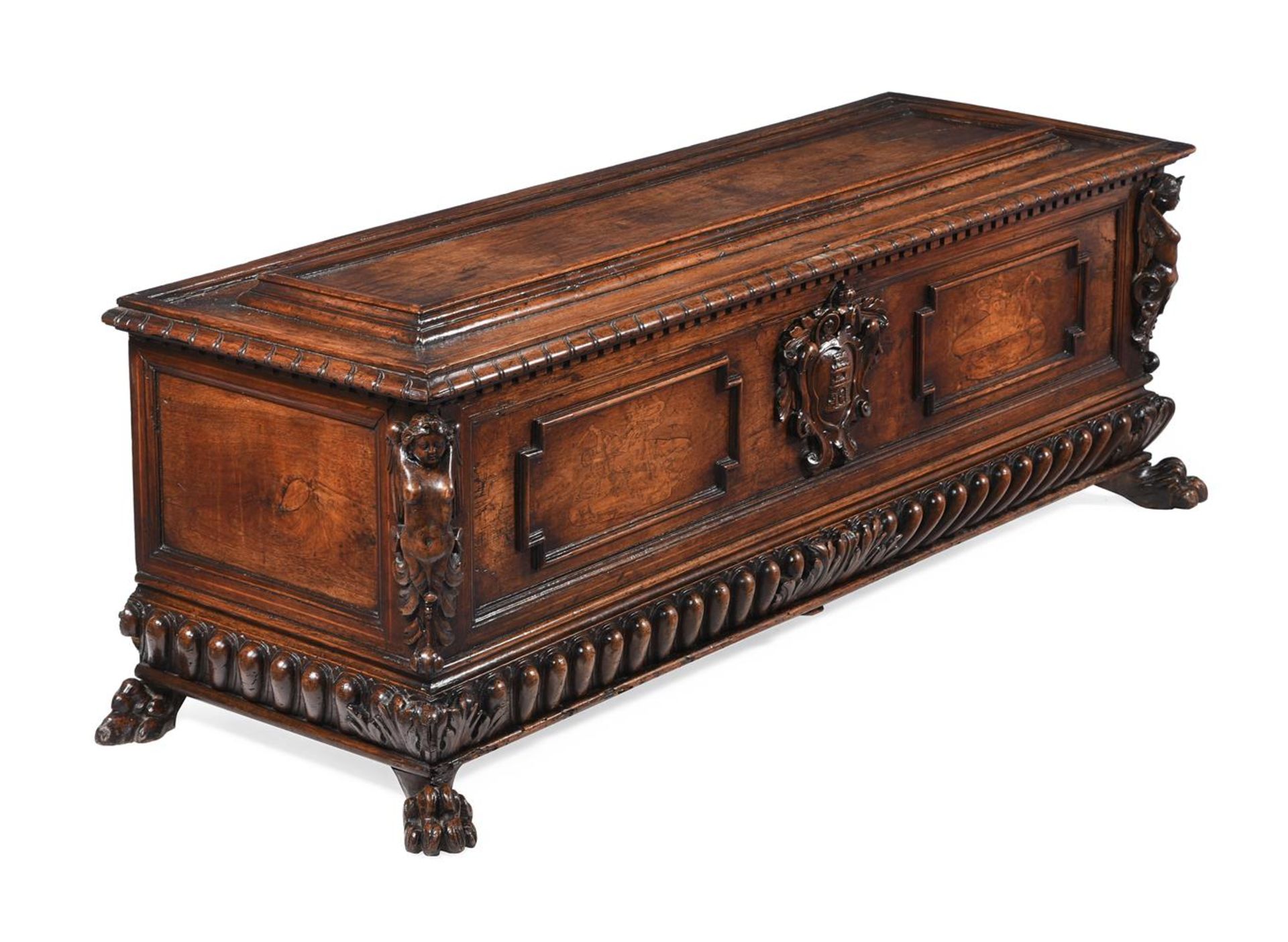 AN ITALIAN CARVED WALNUT AND INLAID CASSONE, EARLY 17TH CENTURY AND LATER ELEMENTS - Image 2 of 8