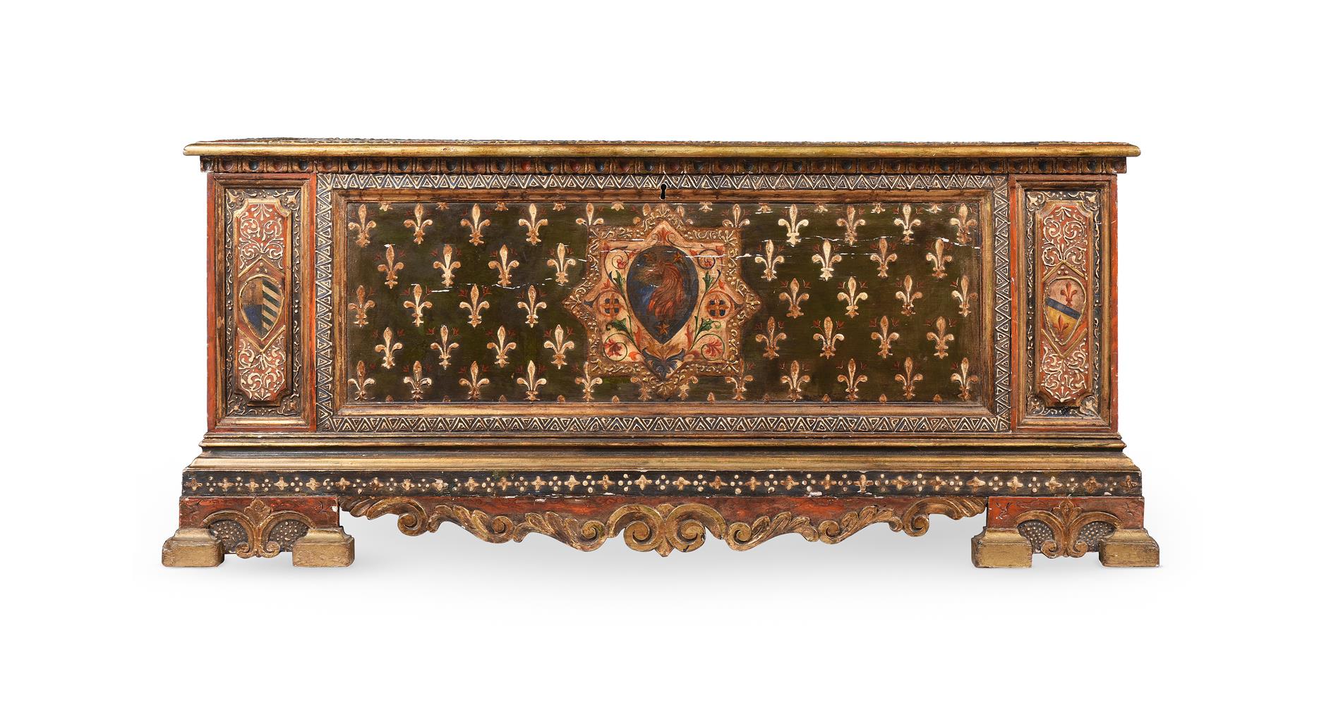 AN ITALIAN POLYCHROME PAINTED AND GESSO CASSONE OR CHEST IN EARLY 18TH...