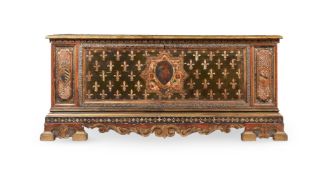 AN ITALIAN POLYCHROME PAINTED AND GESSO CASSONE OR CHEST IN EARLY 18TH CENTURY VENETIAN STYLE