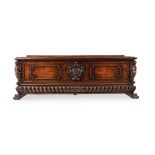 AN ITALIAN CARVED WALNUT AND INLAID CASSONE, EARLY 17TH CENTURY AND LATER ELEMENTS