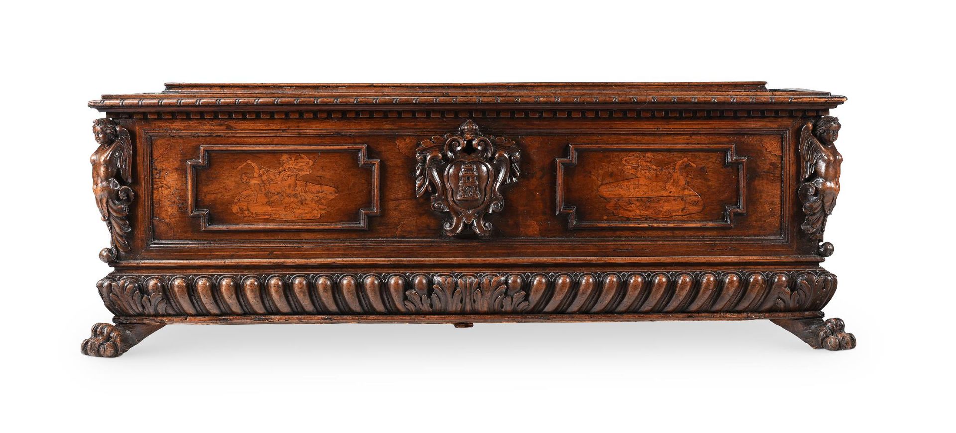 AN ITALIAN CARVED WALNUT AND INLAID CASSONE, EARLY 17TH CENTURY AND LATER ELEMENTS