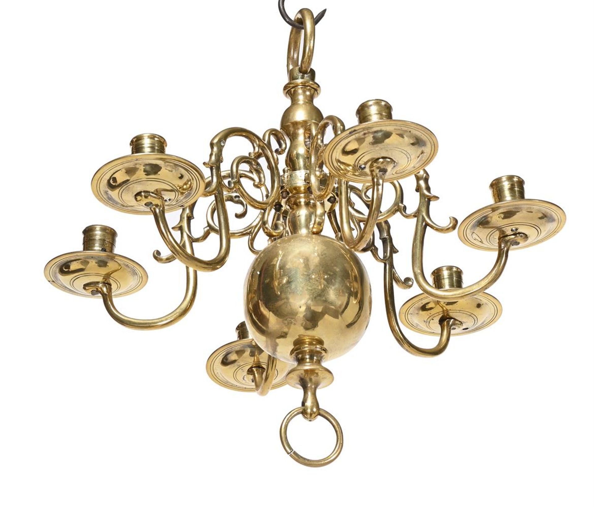 A PAIR OF BRASS SIX LIGHT CHANDELIERS, IN DUTCH 17TH CENTURY STYLE, EARLY 19TH CENTURY - Image 2 of 3