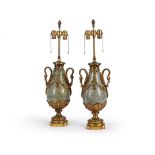 A PAIR OF FRENCH GILT METAL MOUNTED HARDSTONE TABLE LAMPS, LATE 19TH OR EARLY 20TH CENTURY