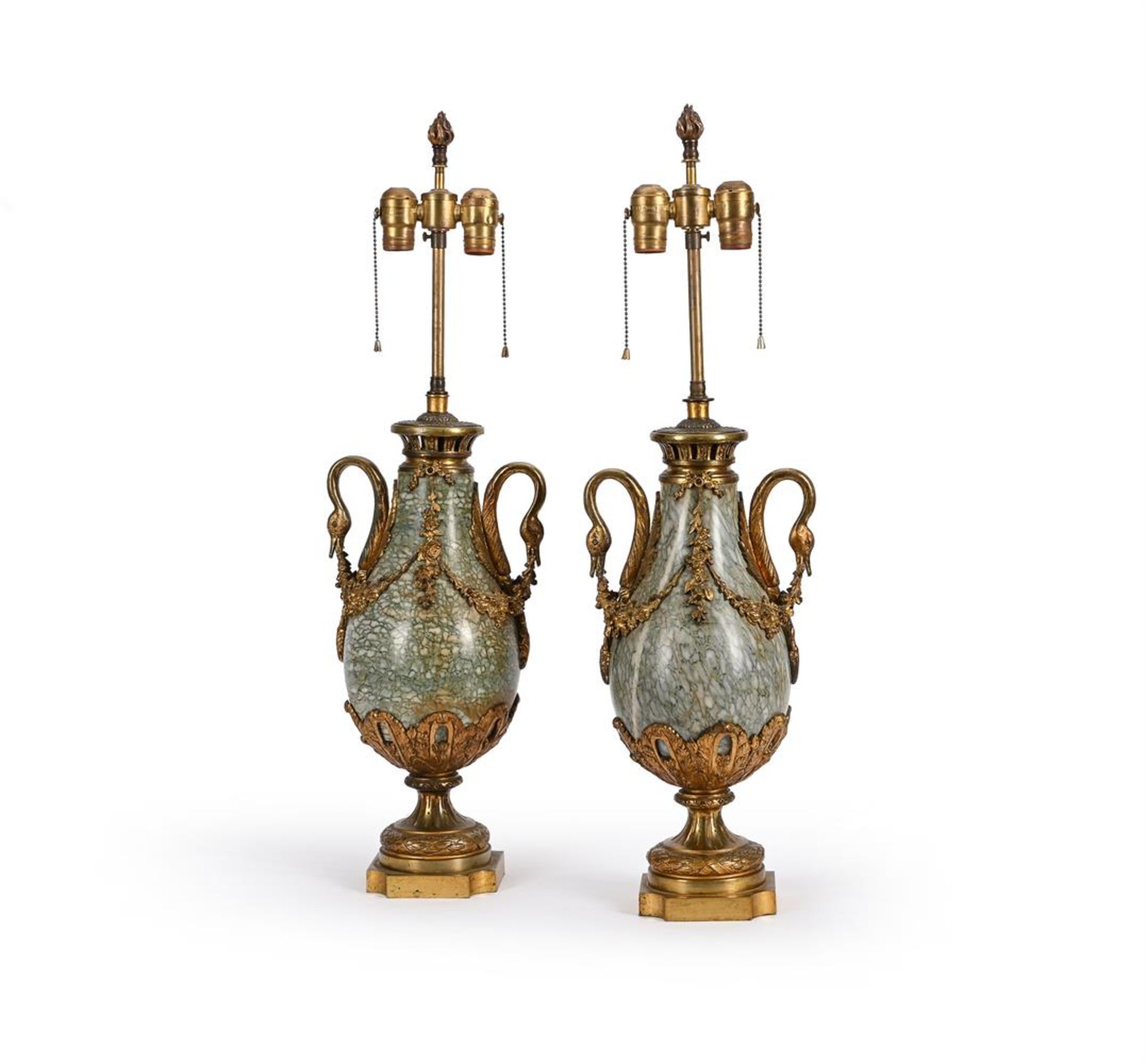 A PAIR OF FRENCH GILT METAL MOUNTED HARDSTONE TABLE LAMPS, LATE 19TH OR EARLY 20TH CENTURY