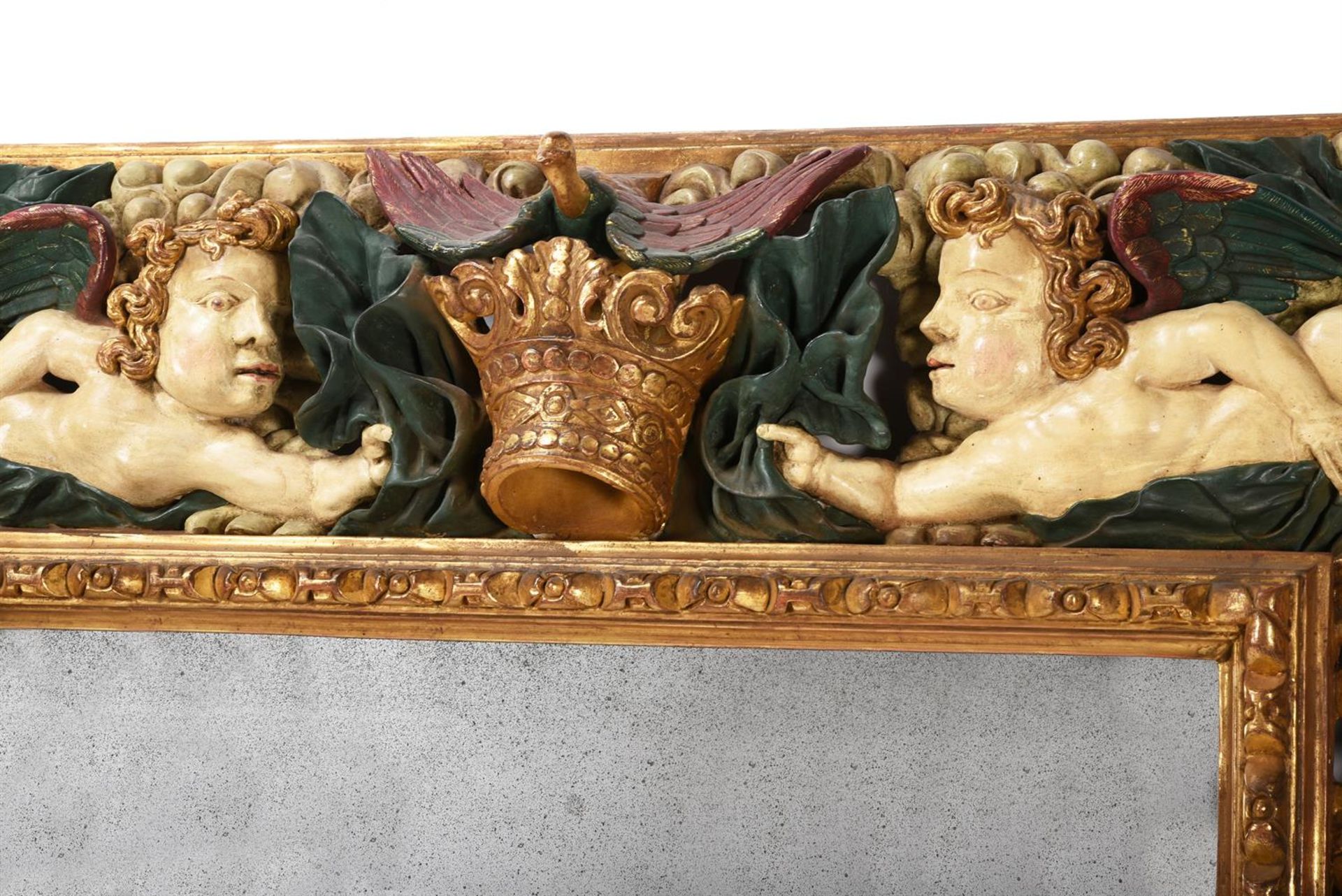 A CONTINENTAL CARVED GILTWOOD AND PAINTED MIRROR, SOUTH GERMAN OR AUSTRIAN, 17TH CENTURY AND LATER - Image 3 of 6