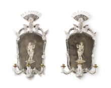 A PAIR OF VENETIAN MIRRORED GLASS THREE LIGHT WALL APPLIQUES, LATE 19TH CENTURY/EARLY 20TH CENTURY