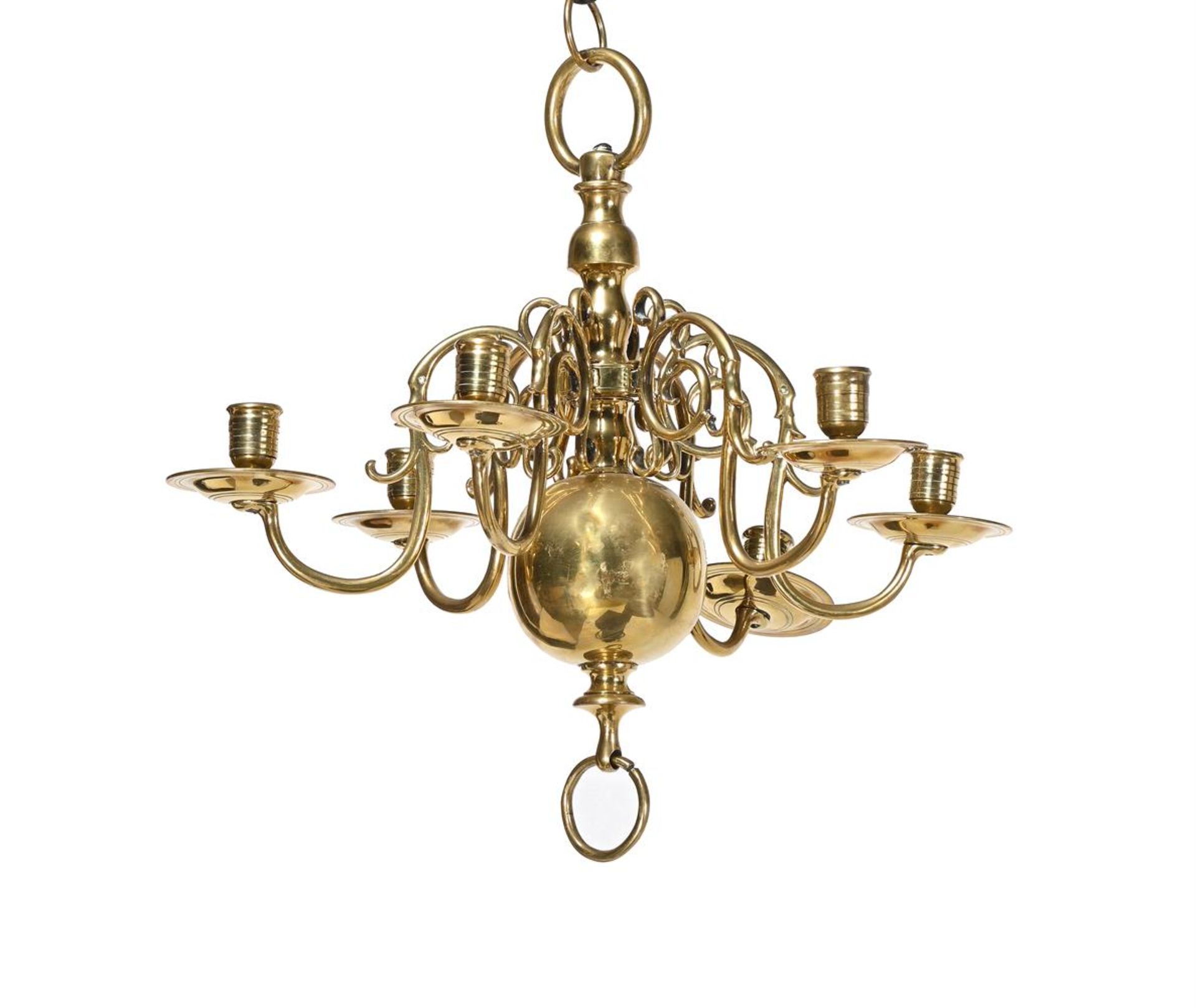 A PAIR OF BRASS SIX LIGHT CHANDELIERS, IN DUTCH 17TH CENTURY STYLE, EARLY 19TH CENTURY - Image 3 of 3