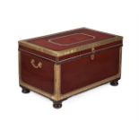 A REGENCY RED LEATHER AND BRASS STUDDED CAMPHORWOOD CHEST, CIRCA 1820