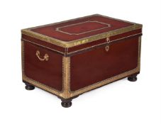 A REGENCY RED LEATHER AND BRASS STUDDED CAMPHORWOOD CHEST, CIRCA 1820