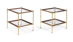 A PAIR OF BRASS AND MAHOGANY TWO-TIER ETAGERES, BY MALLETT