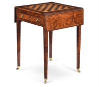 A GEORGE III YEW WOOD AND CROSSBANDED PEMBROKE GAMES TABLE, CIRCA 1790