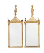 A PAIR OF GILTWOOD AND VERRE EGLOMISE MIRRORS, IN REGENCY STYLE, 20TH CENTURY