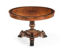 Y A GEORGE IV ROSEWOOD, SIMULATED ROSEWOOD, MACASSAR EBONY AND PARCEL GILT CENTRE TABLE, CIRCA 1825