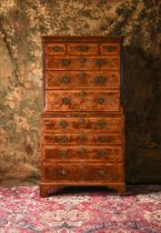 A GEORGE II BURR WALNUT AND WALNUT SECRETAIRE CHEST ON CHEST, CIRCA 1735