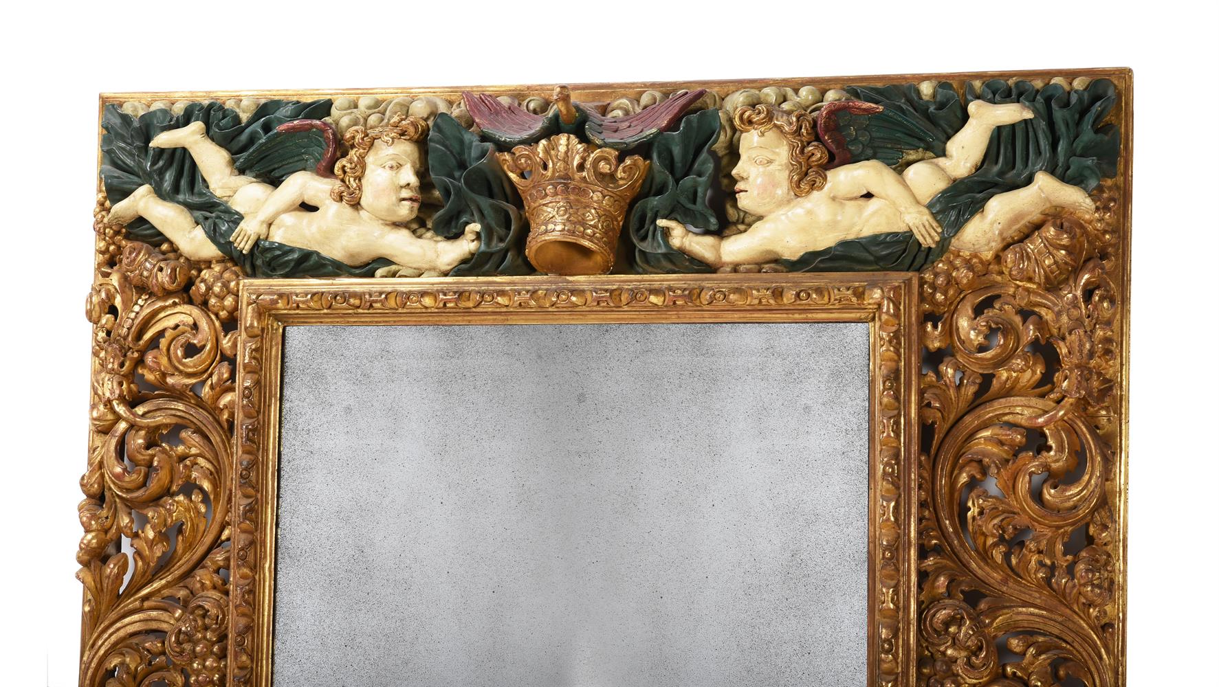 A CONTINENTAL CARVED GILTWOOD AND PAINTED MIRROR, SOUTH GERMAN OR AUSTRIAN, 17TH CENTURY AND LATER - Image 2 of 6