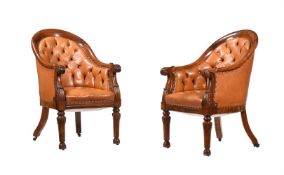 Y A PAIR OF WILLIAM IV ROSEWOOD AND BUTTONED LEATHER UPHOLSTERED BERGERE LIBRARY ARMCHAIRS, CIRCA 18