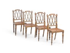 A SET OF FOUR WILLIAM IV GREEN PAINTED AND PARCEL GILT SIDE CHAIRS, CIRCA 1835