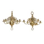 A PAIR OF BRASS SIX LIGHT CHANDELIERS, IN DUTCH 17TH CENTURY STYLE, EARLY 19TH CENTURY