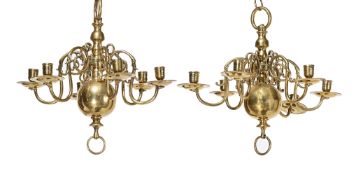 A PAIR OF BRASS SIX LIGHT CHANDELIERS, IN DUTCH 17TH CENTURY STYLE, EARLY 19TH CENTURY