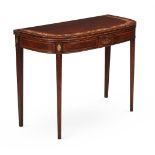 A GEORGE III MAHOGANY, SATINWOOD CROSSBANDED AND PAINTED TEA TABLE, CIRCA 1790