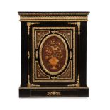 AN EBONISED, GILT METAL MOUNTED AND PAINTED MARBLE INSET SIDE CABINET, 19TH CENTURY