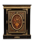 AN EBONISED, GILT METAL MOUNTED AND PAINTED MARBLE INSET SIDE CABINET, 19TH CENTURY