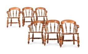 A SET OF SIX OF VICTORIAN BEECH AND ELM BOW BACK ARMCHAIRS, LATE 19TH CENTURY