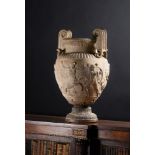 A LARGE 'ARTIFICIAL STONE' VOLUTE KRATER VASE AFTER THE ANTIQUE ATTRIBUTED TO COADE LAMBETH